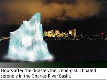 Hours after the disaster, the iceberg still floated serenely in the Charles River Basin.